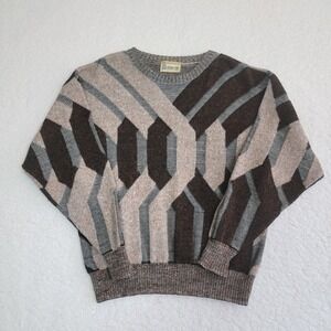 Vintage London Fog Sweater Mens Large Crewneck Goemetric Brown Tan Pullover 90s